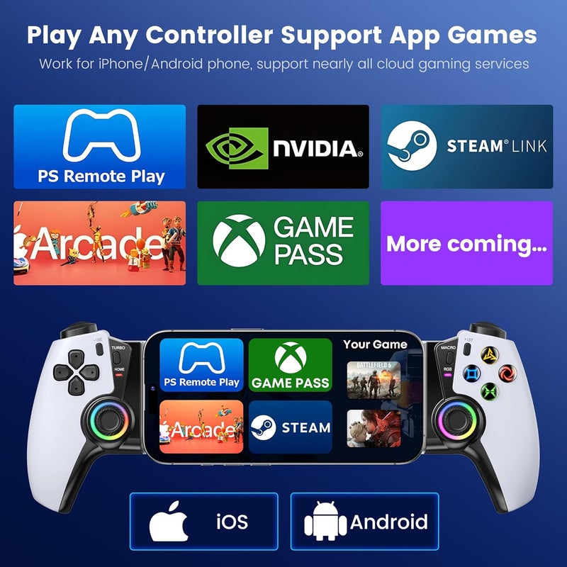 KICKDOT Phone Controller for iPhone/Android/Switch 1/2/OLED/iPad Mini With Hall Joystick, Wireless LED Mobile Gaming Controller for iOS Support PS Remote Play, Xbox Cloud,Steam Link,GeForce Now, Arcade,Roblox - Image 3